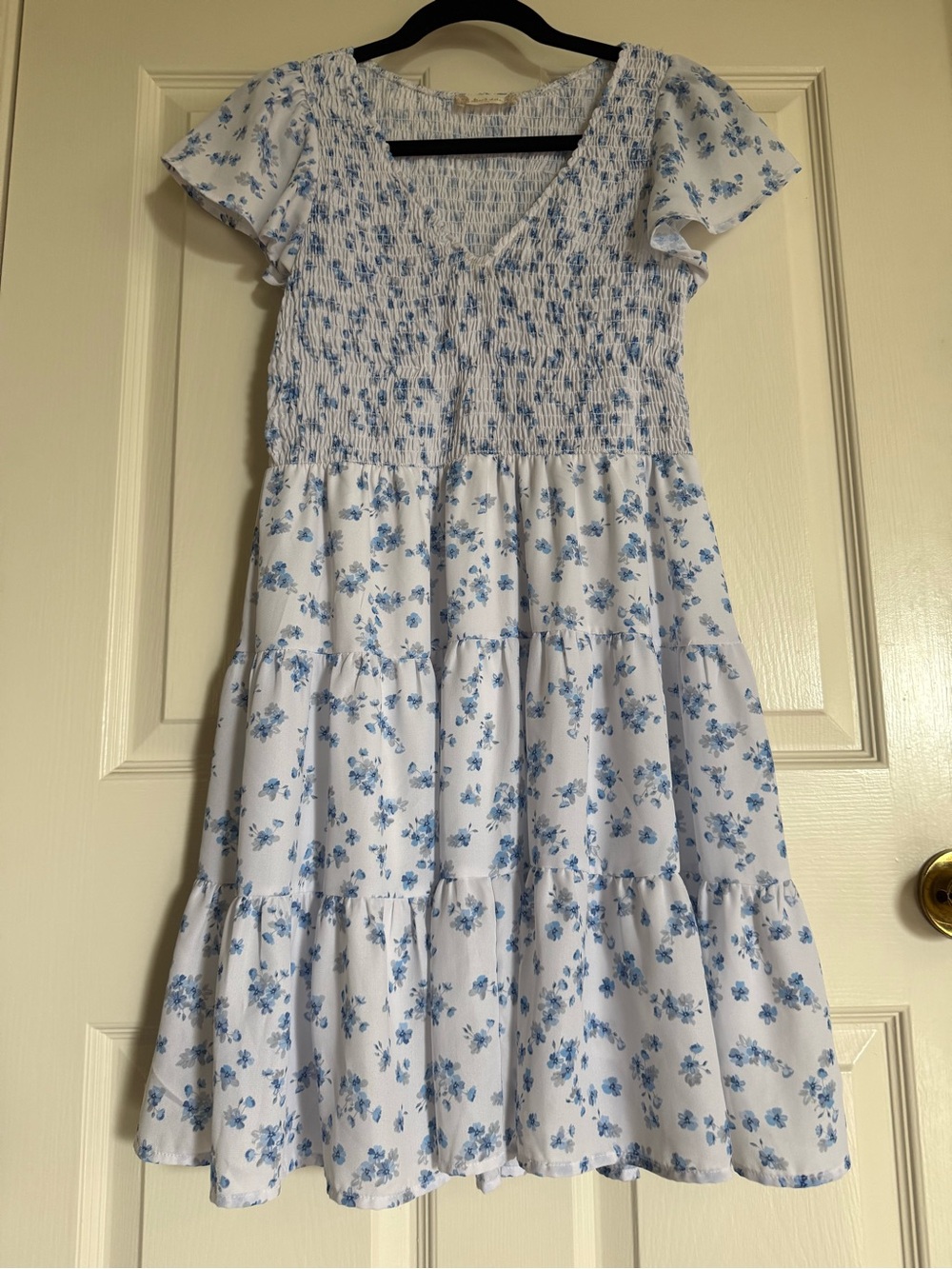 Altar'd State White and Blue Floral Smocked Tiered Dress Womens XS